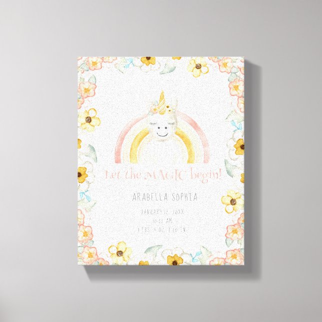 8x10 Birth Stat Magic Unicorn Baby Girl Watercolor Canvas Print (Front)
