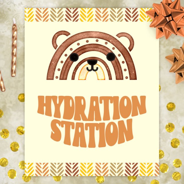 8x10 Hydration Station Boho Woodland Bear Birthday Poster (Creator Uploaded)