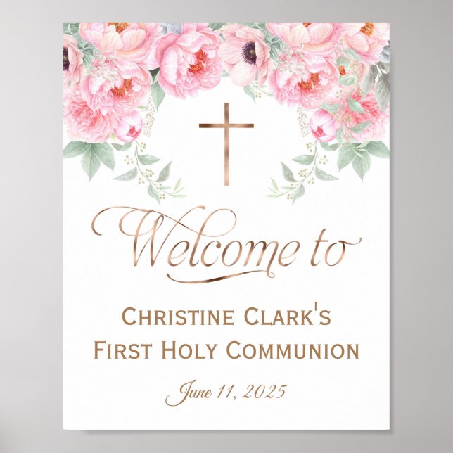 8x10 ,Pink, Floral, Girl, Communion Welcome Sign, Poster (Front)
