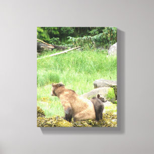 8x10 Stretched Canvas Print w/ grizzly bear & cub