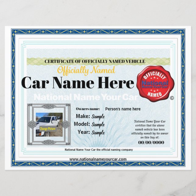8x11 National Name Your Car official certificate (Front)