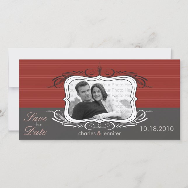 8x4" Chic Deco Red Save the Date Announcement (Front)