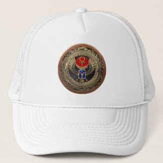 [900] Sacred Gold Egyptian Winged Scarab with Ankh Trucker Hat