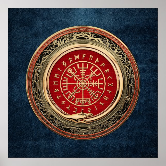 [900] Vegvisir - Viking Gold Magic Runic Compass Poster (Front)