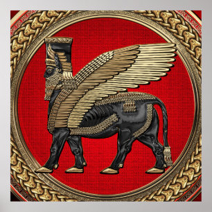 [901] Assyrian Winged Bull: Gold and Black Lamassu Poster