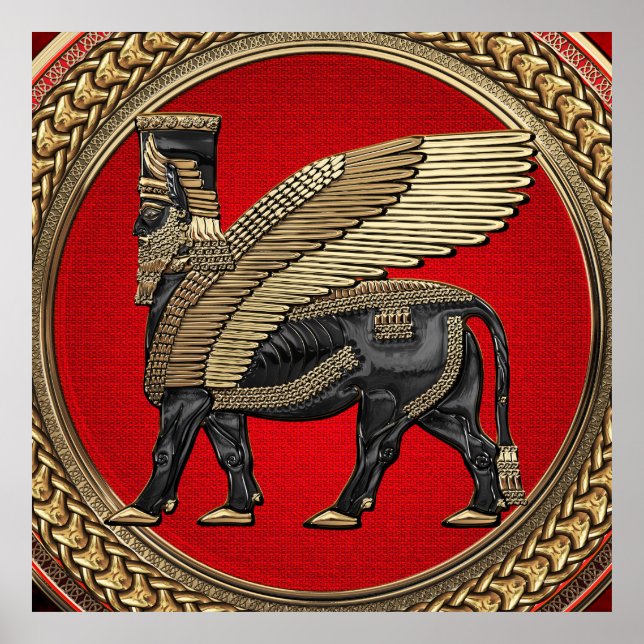 [901] Assyrian Winged Bull: Gold and Black Lamassu Poster (Front)
