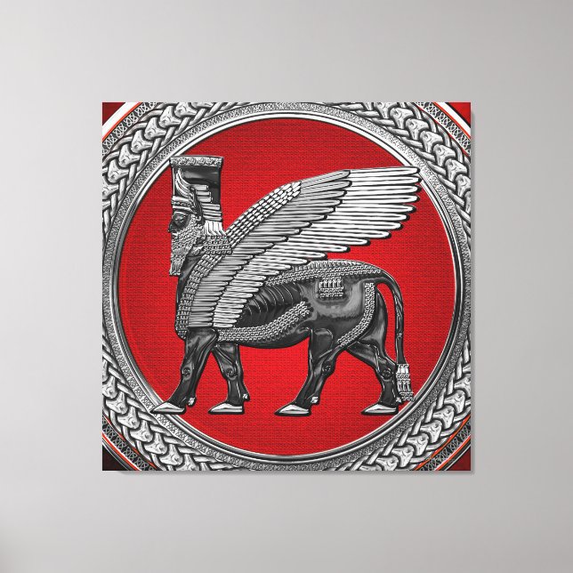 [901] Assyrian Winged Bull: Silver & Black Lamassu Canvas Print (Front)