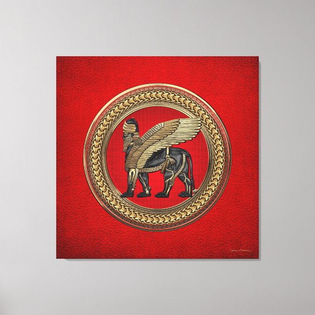 [901] Assyrian Winged Lion: Gold & Black Lamassu Canvas Print (Front)