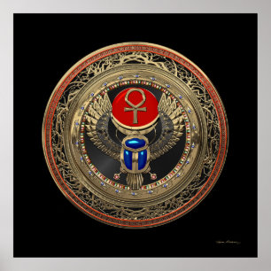 [901] Sacred Gold Egyptian Winged Scarab with Ankh Poster