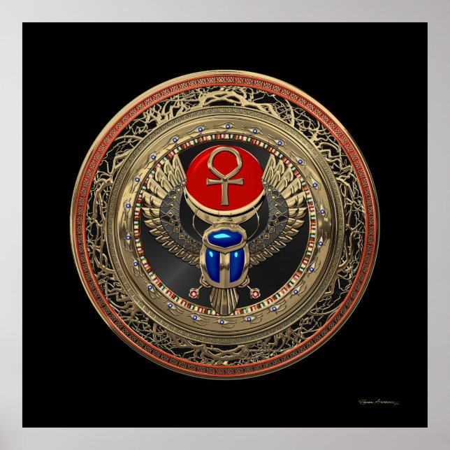 [901] Sacred Gold Egyptian Winged Scarab with Ankh Poster (Front)