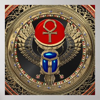 [901] Sacred Gold Egyptian Winged Scarab with Ankh Poster