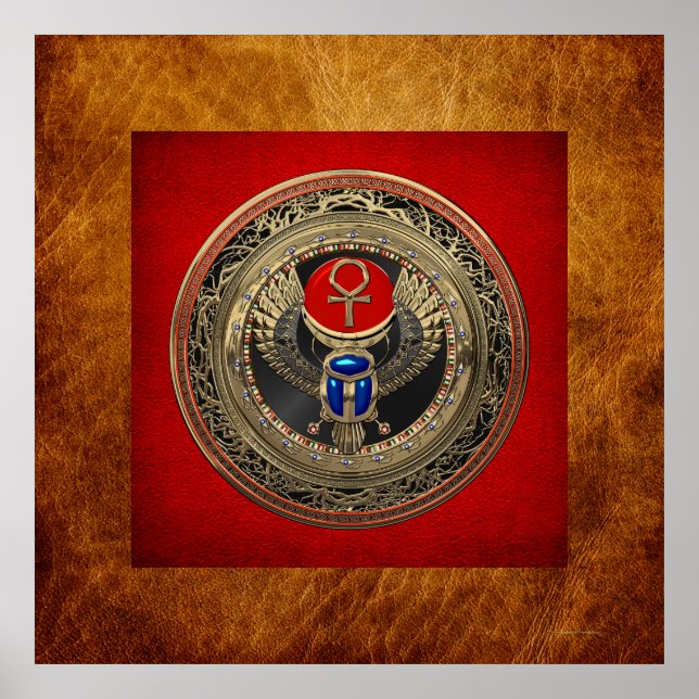 [901] Sacred Gold Egyptian Winged Scarab with Ankh Poster (Front)