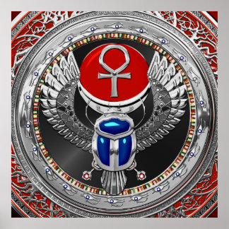 [901] Sacred Silver Egyptian Winged Scarab & Ankh Poster