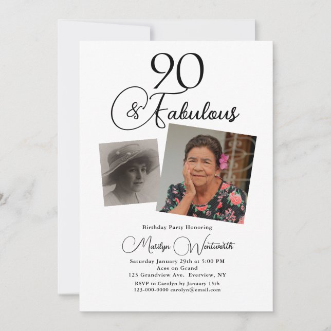 90 and Fabulous 90th Birthday Black Script Photo Invitation (Front)