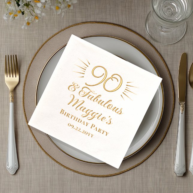 90 and Fabulous 90th Birthday Party Foil Napkins (Elegant "90 and Fabulous" 90th Birthday Party Stamped Foil Napkins)