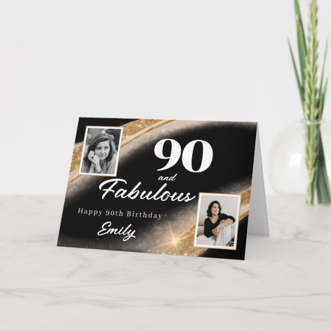 90 and Fabulous Black Gold Photo 90th Birthday Card (Front)