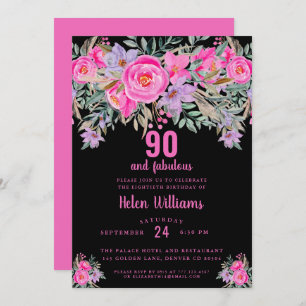 90 and fabulous black pink 90th birthday invitation