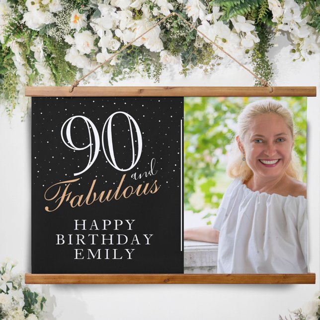 90 and Fabulous Elegant Black 90th Birthday Photo Hanging Tapestry (Creator Uploaded)
