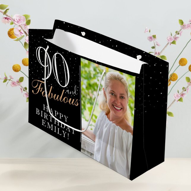 90 and Fabulous Elegant Black 90th Birthday Photo Large Gift Bag (Creator Uploaded)