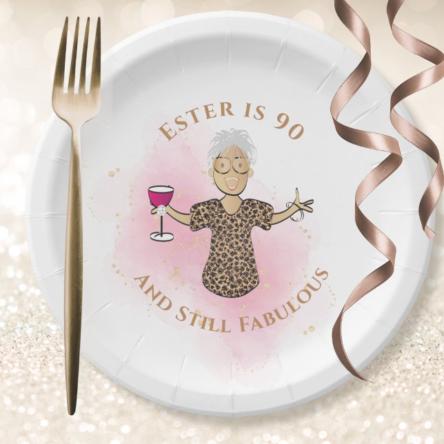 90 and Fabulous Ethnic Gold Pink Fun 90th Birthday Paper Plate (Creator Uploaded)