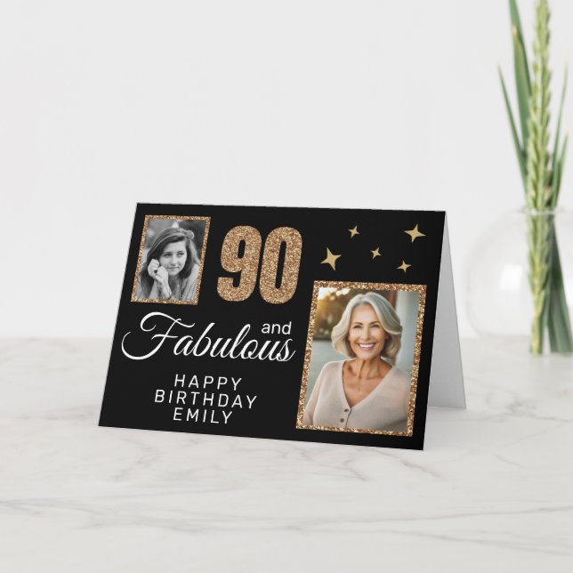 90 and Fabulous Gold Glitter 2 Photo 90th Birthday Card (Front)