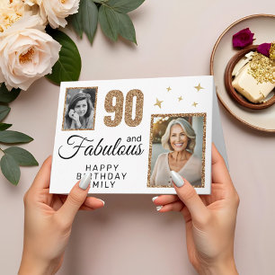 90 and Fabulous Gold Glitter 2 Photo 90th Birthday Card