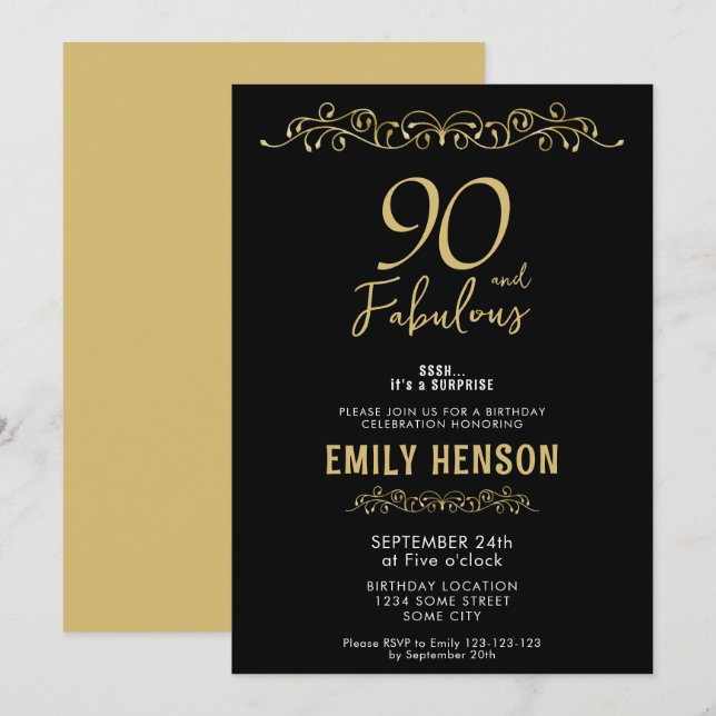 90 and Fabulous Gold Ornament 90th Birthday  Invitation (Front/Back)