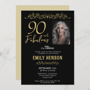 90 and Fabulous Gold Ornament 90th Birthday Photo  Invitation