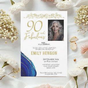 90 and Fabulous Gold Ornament 90th Birthday Photo Invitation