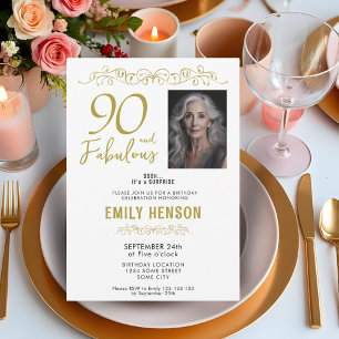 90 and Fabulous Gold Ornament 90th Birthday Photo Invitation