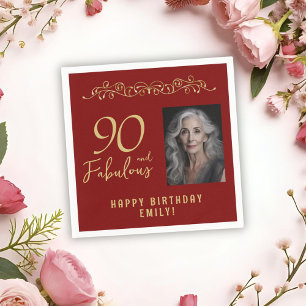 90 and Fabulous Gold Ornament 90th Birthday Photo  Napkin