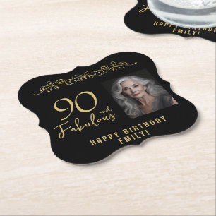 90 and Fabulous Gold Ornament 90th Birthday Photo  Paper Coaster