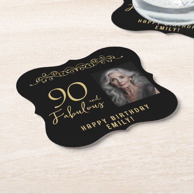 90 and Fabulous Gold Ornament 90th Birthday Photo  Paper Coaster (Angled)