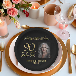 90 and Fabulous Gold Ornament 90th Birthday Photo Paper Plate