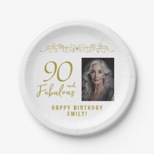 90 and Fabulous Gold Ornament 90th Birthday Photo  Paper Plate