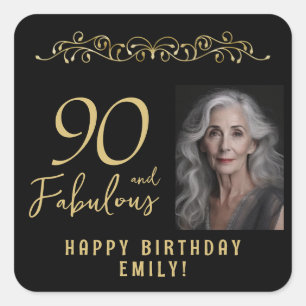 90 and Fabulous Gold Ornament 90th Birthday Photo  Square Sticker