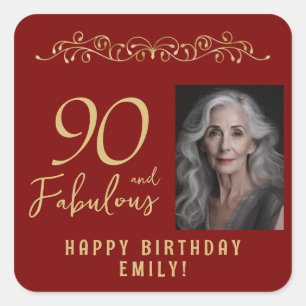 90 and Fabulous Gold Ornament 90th Birthday Photo  Square Sticker