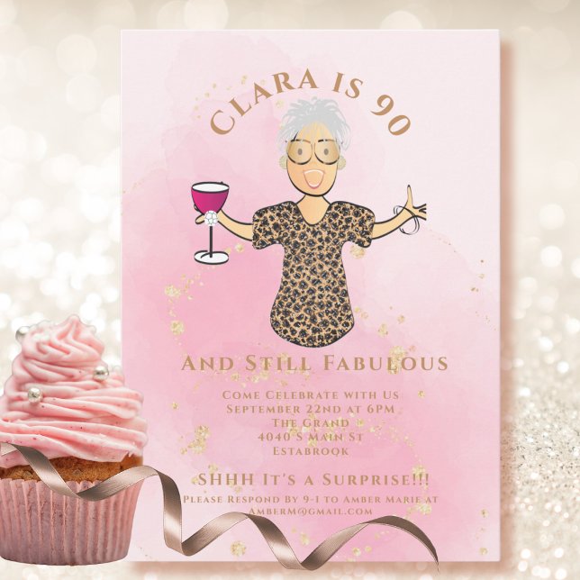 90 and Fabulous Gold Sparkle Cartoon 90th Birthday Invitation (Creator Uploaded)