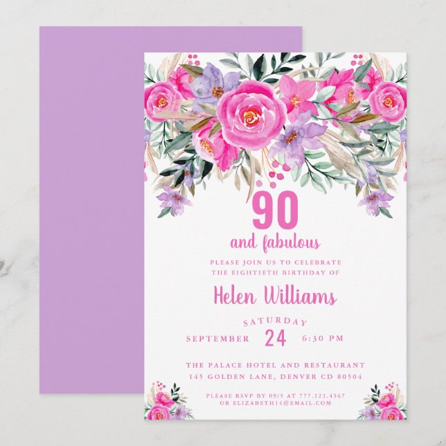 90 and fabulous pink 90th birthday invitation (Front/Back)
