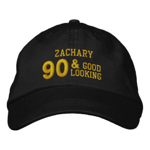 90 Birthday Good Looking BLACK and GOLD V01F6B Embroidered Hat