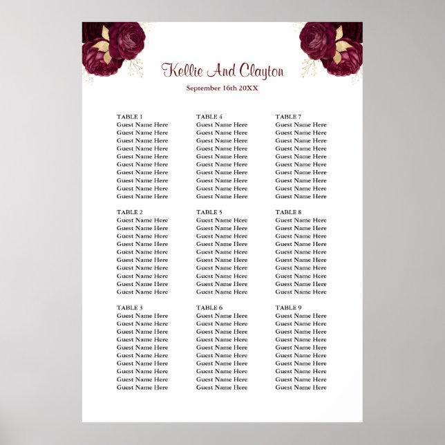 90 Burgundy And Gold Floral Wedding Seating Chart (Front)