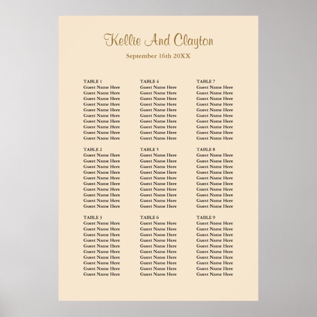 90 Champagne Wedding Seating Chart (Front)