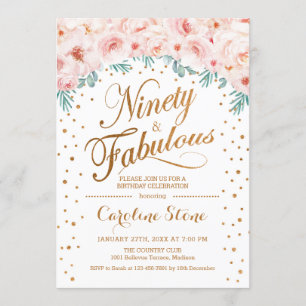 90 Fabulous Birthday Party - White Gold Pink Invitation