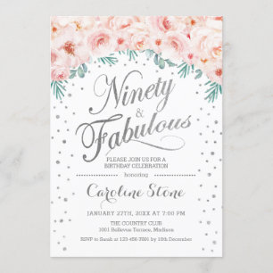 90 Fabulous Birthday Party - White Silver Pink Invitation