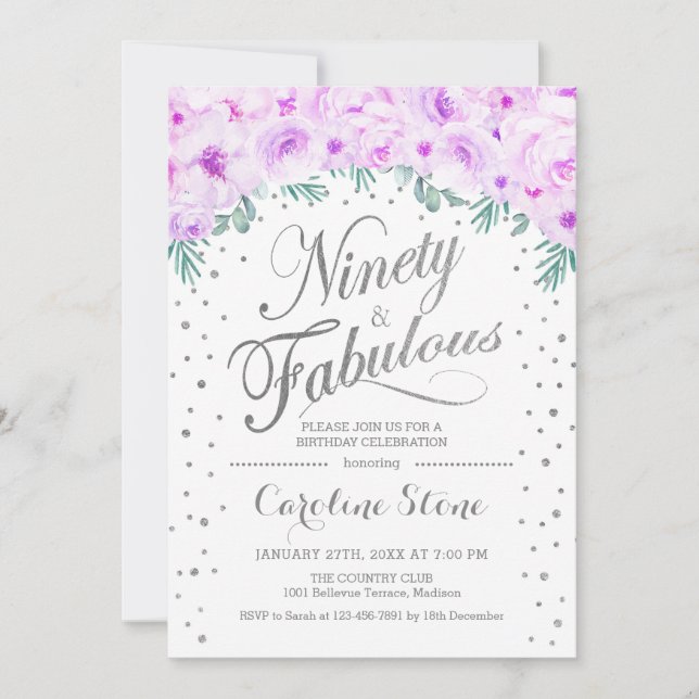 90 Fabulous Birthday Party - White Silver Purple Invitation (Front)