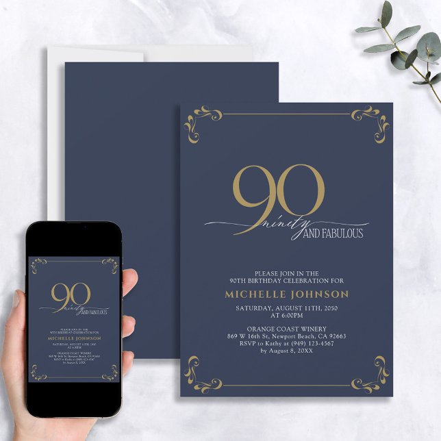 90 & Fabulous Blue & Gold Calligraphy Birthday Invitation (Creator Uploaded)