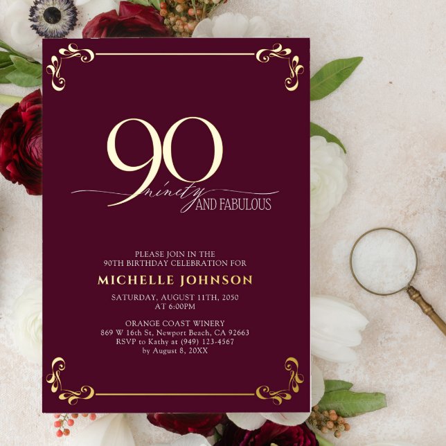 90 & Fabulous Burgundy & Gold Calligraphy Birthday (Creator Uploaded)