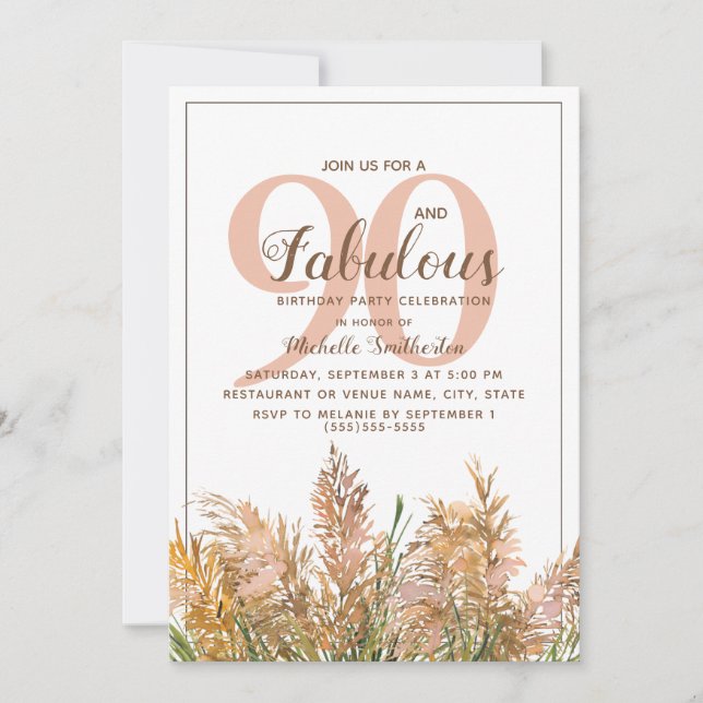 90 Fabulous Pampas Grass on White Birthday Invitation (Front)