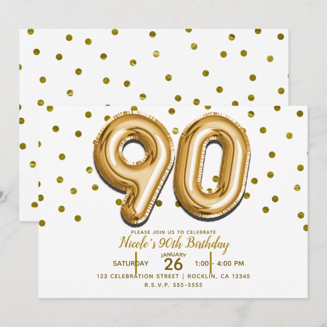 90 Gold Balloons & Confetti 90th Birthday Party Invitation (Front/Back)