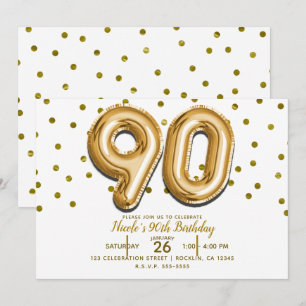 90 Gold Balloons & Confetti 90th Birthday Party Invitation